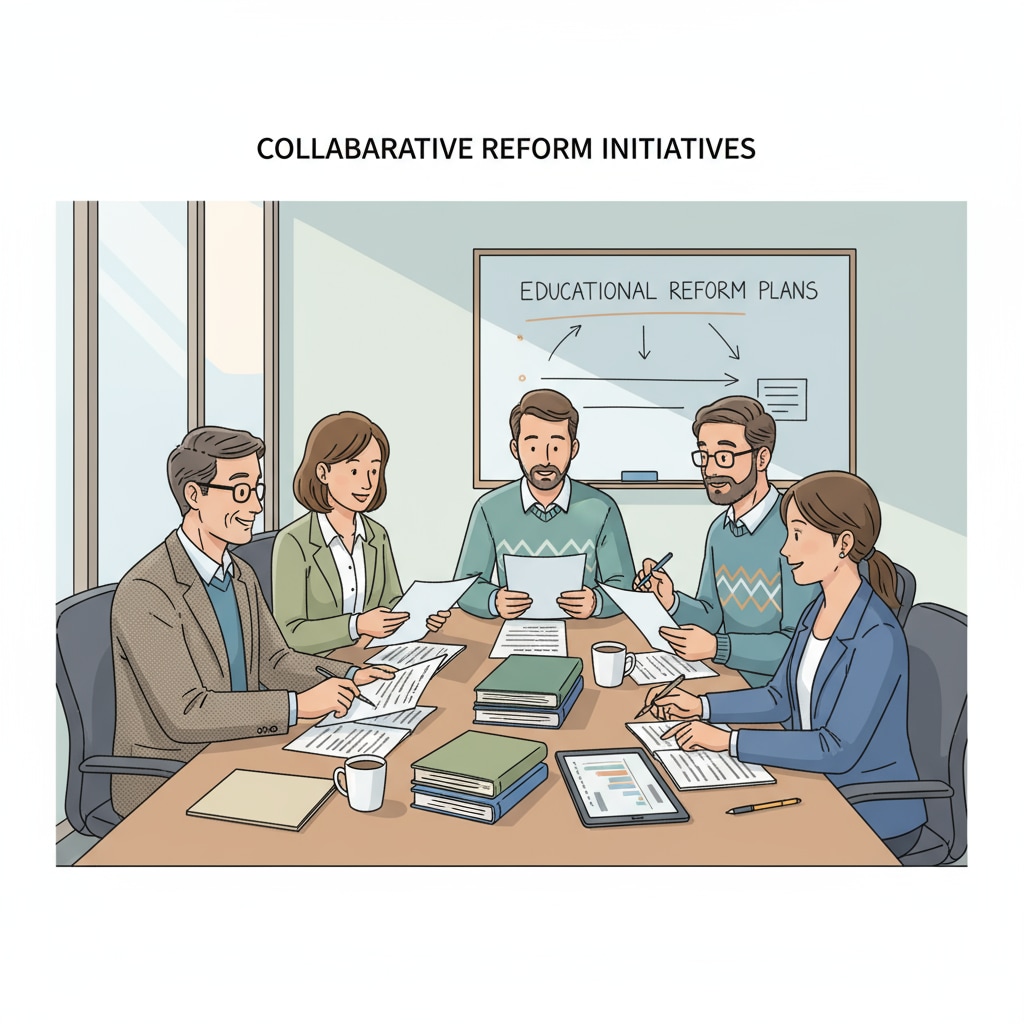 A group of educators are sitting around a table in a meeting room, discussing educational reform plans with papers and pens in their hands. Educators discussing education system reform for educational equality