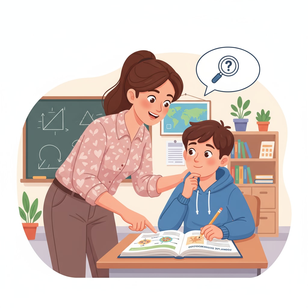A teacher is bending down beside a student's desk in a classroom, pointing at a book and patiently explaining a problem to the student. A teacher providing individual help for student development in the context of educational equality