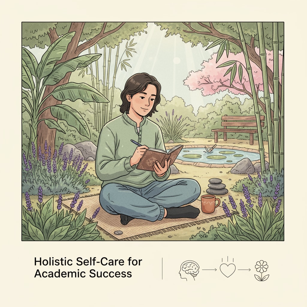 A student sitting in a peaceful garden, looking relaxed and focused on self-care. A K12 student taking time for mental health recovery in a garden.