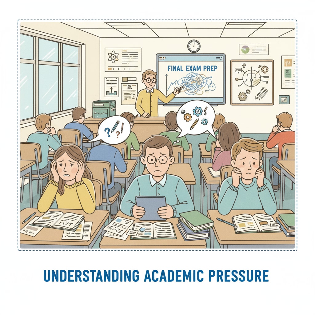 A classroom scene with students looking stressed. Stressed K12 students in a classroom due to academic pressure.