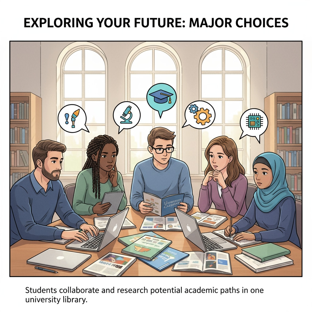 A group of students are gathered in a library, looking at college brochures and having a serious discussion about which majors to choose. College students discussing college major choices related to math, physics, software engineering and employment prospects