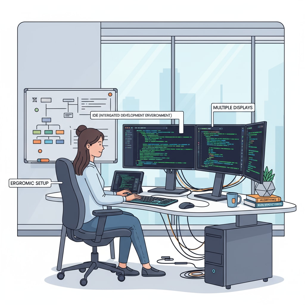 A software engineer is sitting in a modern office, focused on coding on a high-tech computer with multiple monitors. A software engineer working, representing software engineering career related to college major choices, math, physics and employment prospects