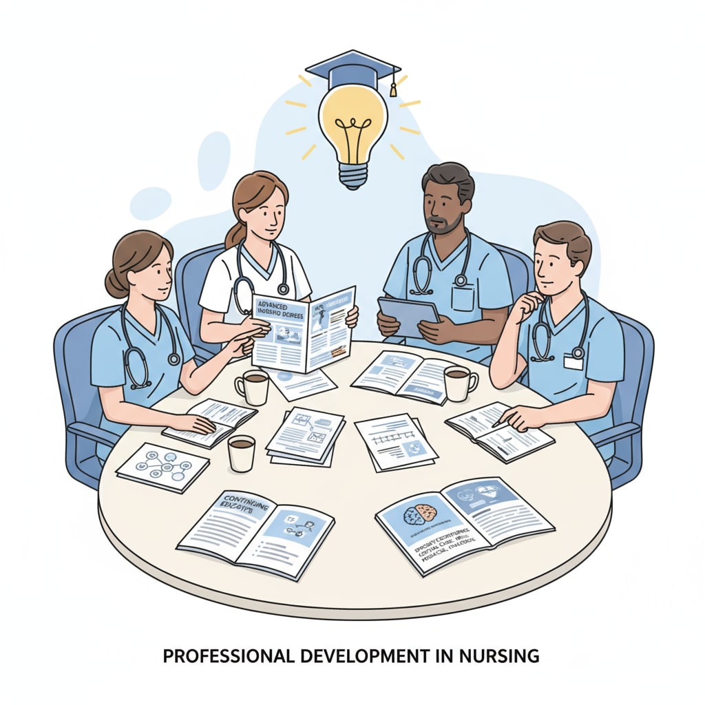 A group of nursing professionals are sitting around a table, discussing various education opportunities, with brochures and notes in front of them. Nursing professionals exploring education options for career transition