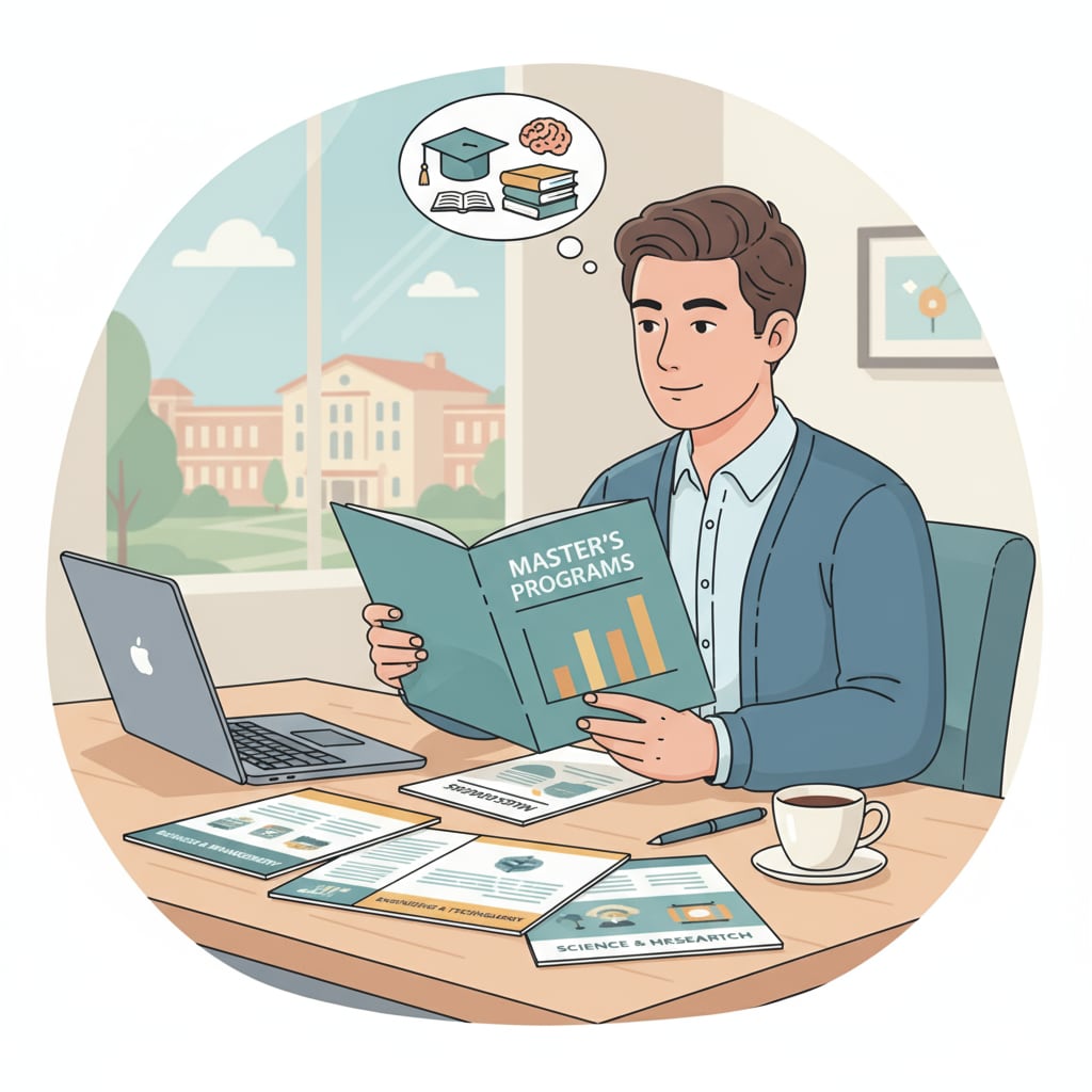 A person is sitting at a desk, looking at different master's degree brochures, with a thoughtful expression on their face. Person considering master's degree options for career transition from nursing to education