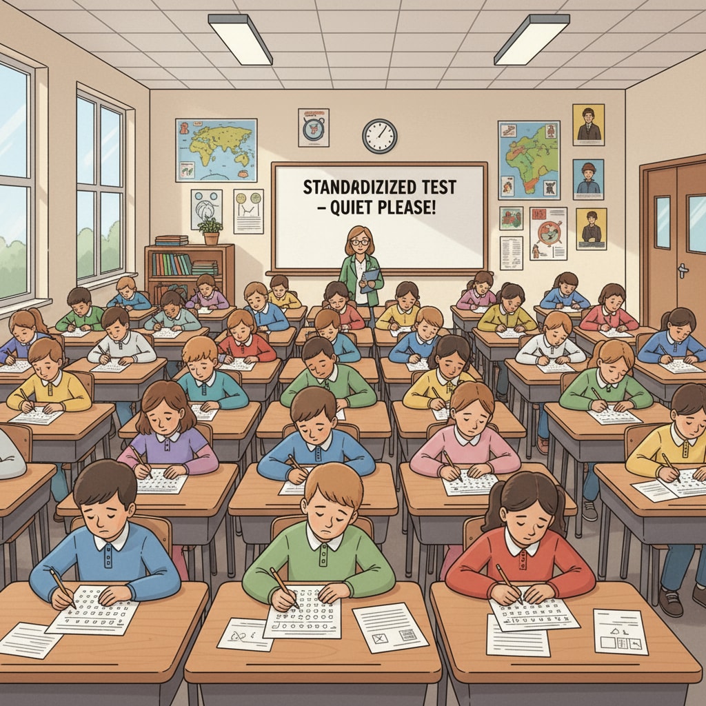 A classroom scene where students are taking a standardized test, with desks neatly arranged and students concentrating on their papers. Students taking a standardized test, highlighting the focus on memory-based questions rather than critical thinking.