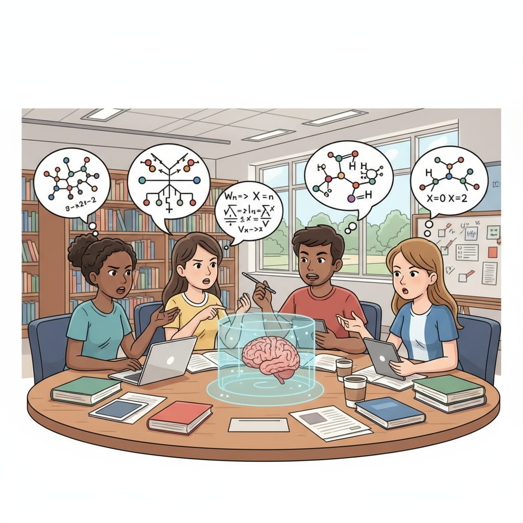 A group of students sitting around a table, engaged in a lively discussion about a complex topic, with expressions of deep thought on their faces. Students demonstrating critical thinking skills during a discussion.