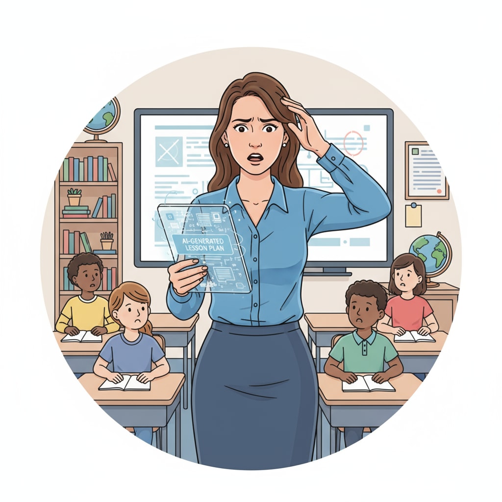 A teacher is observing an AI-generated lesson plan on a digital device, with a concerned expression. A teacher examining an AI-generated lesson plan, highlighting concerns about student teaching, lesson plan authenticity, and AI lesson plan risks.