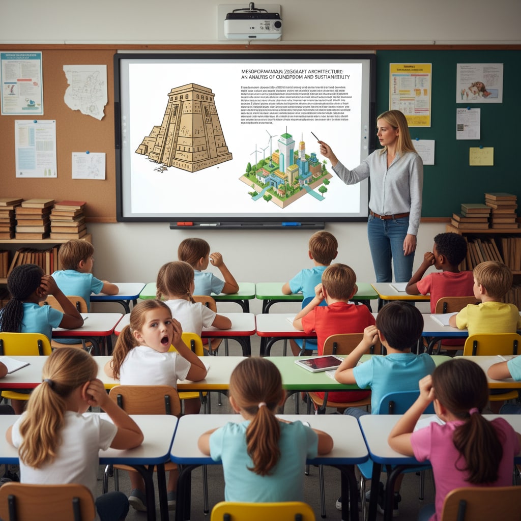 A classroom setting where students appear disengaged during a lesson, indicating issues with the authenticity of the lesson plan. A classroom scene showing the impact of an inauthentic lesson plan on student engagement, related to student teaching, lesson plan authenticity, and AI lesson plan risks.