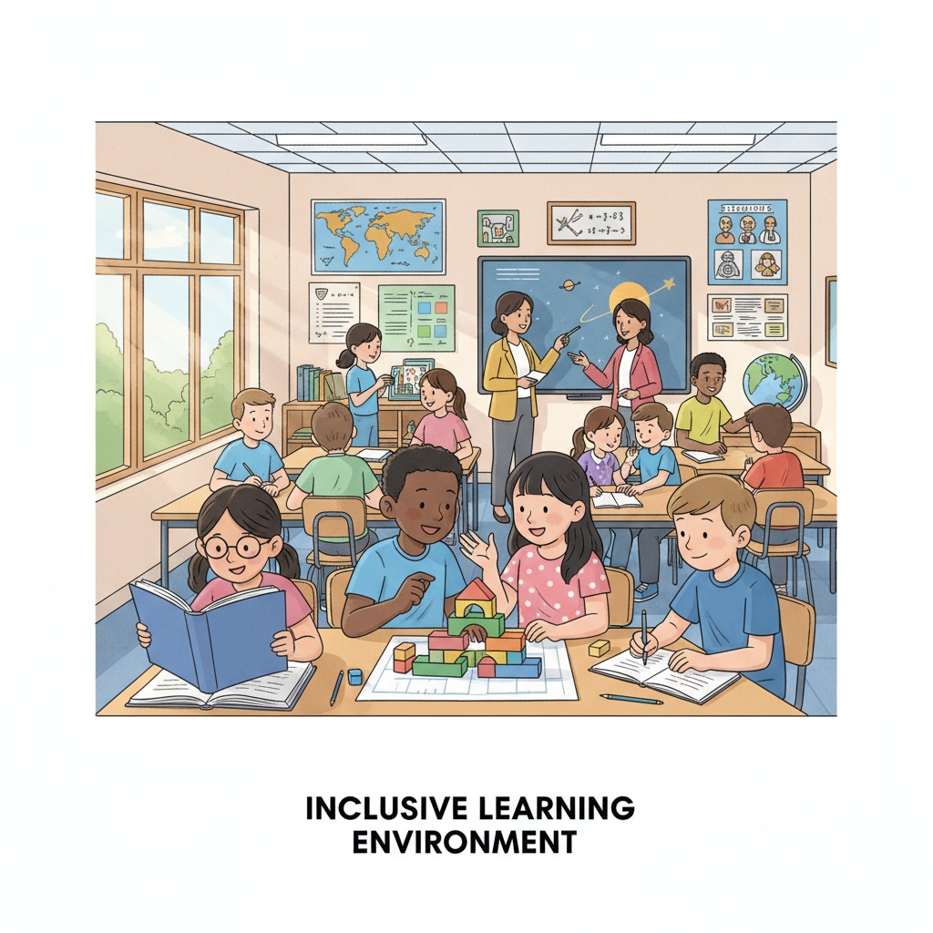 A classroom scene with students of different races engaged in learning activities. It shows a diverse group of students interacting, reading, and writing, which is relevant to the discussion of education and racial diversity in education. Classroom scene depicting students of various races related to racial bias, literacy rates, and education statistics.
