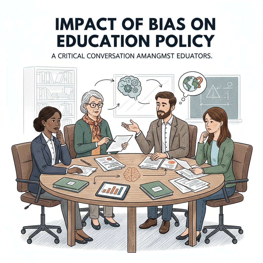A group of educators discussing education policies. They are sitting around a table, looking at documents and having a serious conversation, which ties into the impact of reporting bias on education policy. Educators discussing education policies in relation to racial bias, literacy rates, and education statistics.