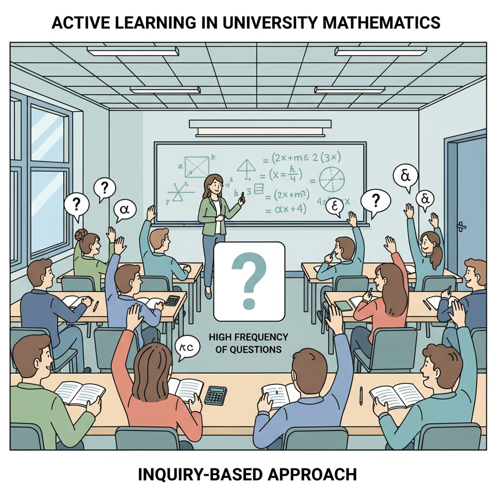 A group of students in a university math class raising their hands to ask questions, showing an active learning environment with high questioning frequency. Students in a university math class raising hands to ask questions, related to university mathematics, questioning frequency, and teacher responses