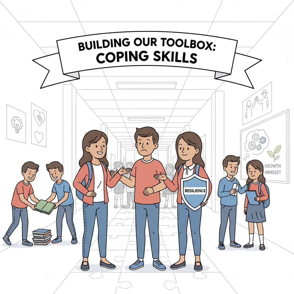 Students interacting in a school corridor, related to coping abilities, school responsibilities, and family education
