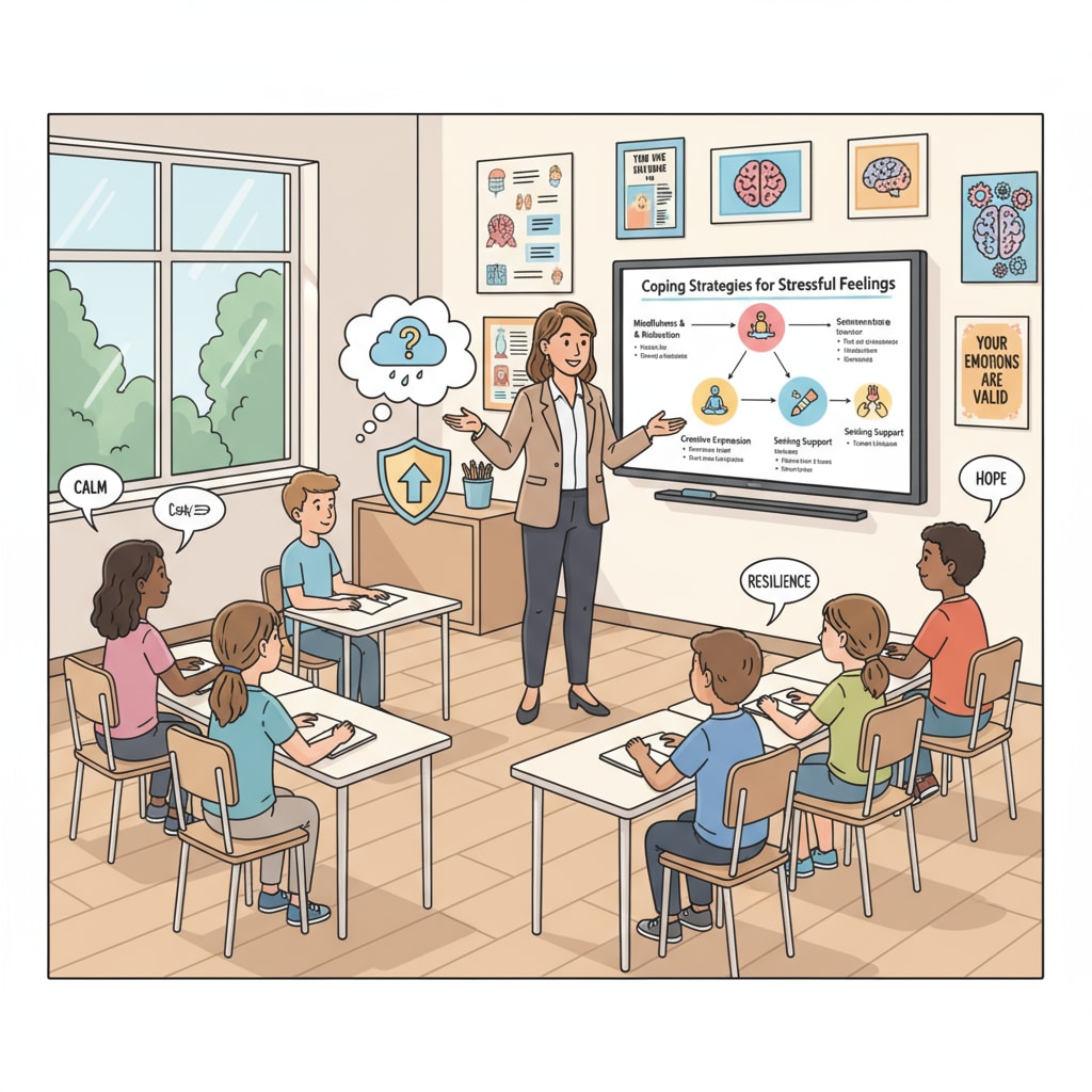 A teacher conducting a mental health education class, related to coping abilities, school responsibilities, and family education