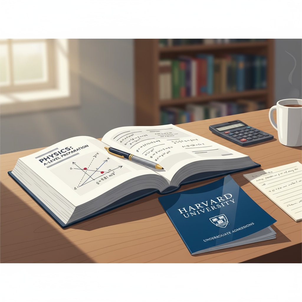 A student is poring over A level textbooks with a US university brochure beside them, indicating their consideration of applying to US universities. A level student considering US university applications