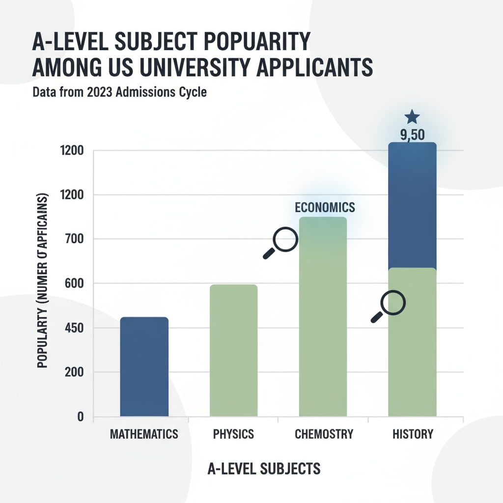 A bar graph displaying the popularity of various A level subjects among students applying to US universities, highlighting which subjects are more favored. Popular A level subjects among US university applicants