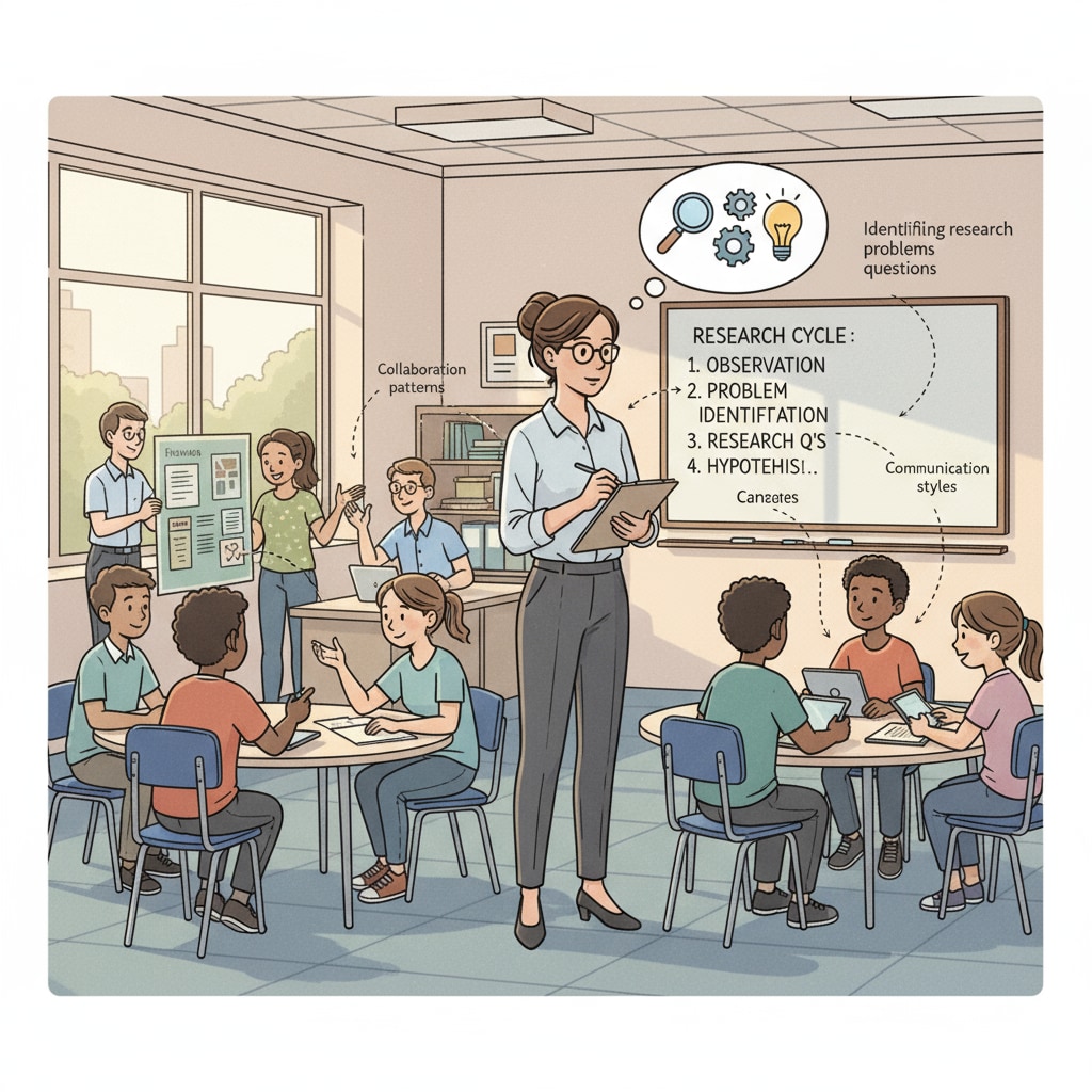 Teacher observing students in a classroom related to research questions, formulation methods, and academic assistance