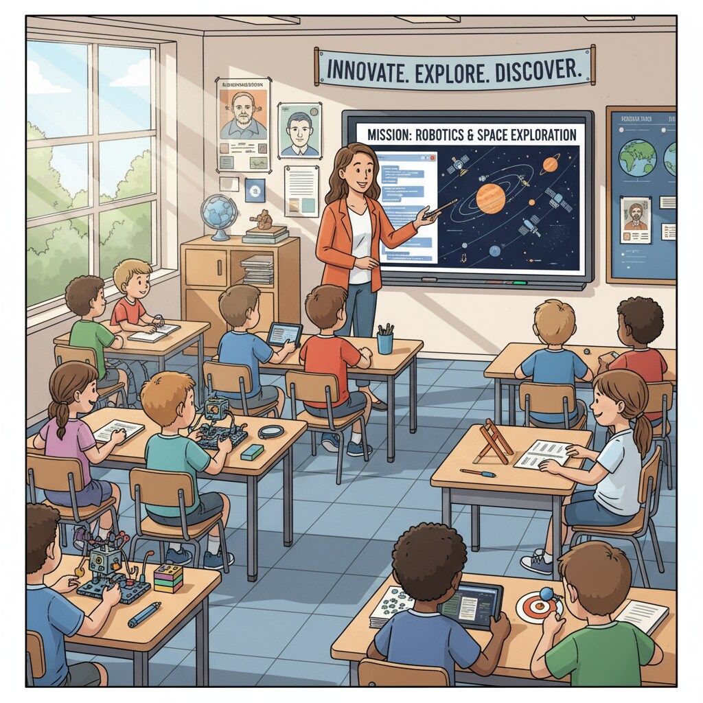 A classroom scene where students are engaged in a STEM lesson, with the teacher at the front. This represents the normal teaching environment before the new supervisor's interference. Students in a STEM class, showing the initial educational setting related to academic supervisor, educational philosophy, and professional competence