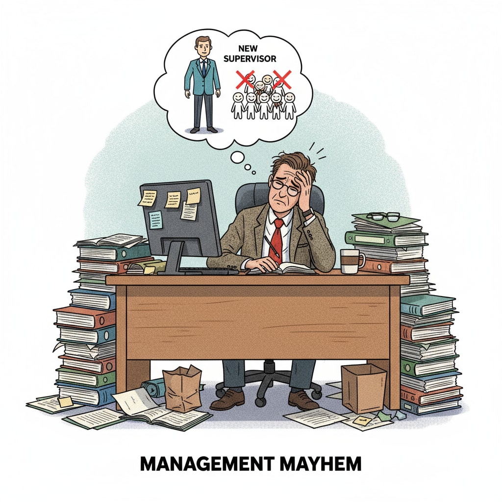 A teacher sitting at a desk, looking stressed with papers scattered around, indicating the pressure from the new supervisor's management. A STEM teacher under pressure from the new academic supervisor, highlighting the impact on educational philosophy and professional competence