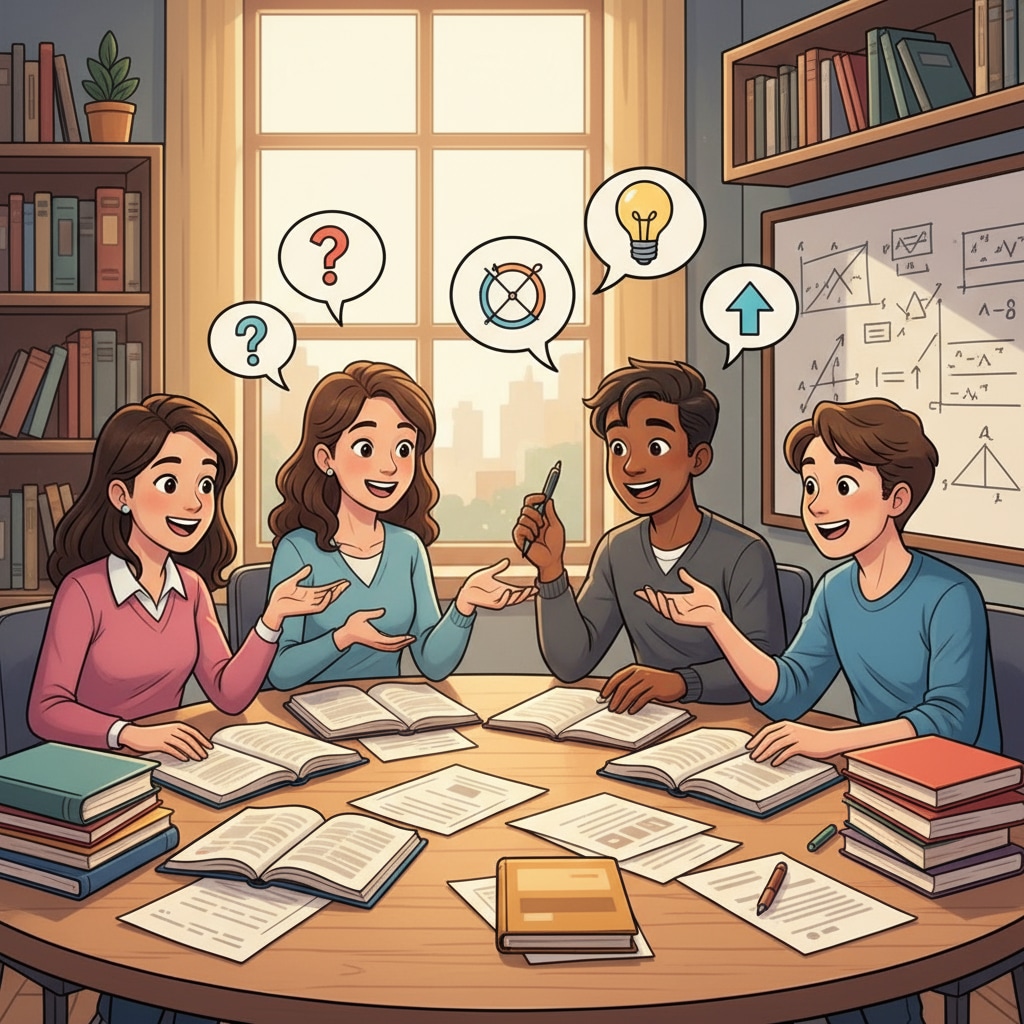 High-achieving students discussing in a study room for learning enhancement related to neurosurgery career