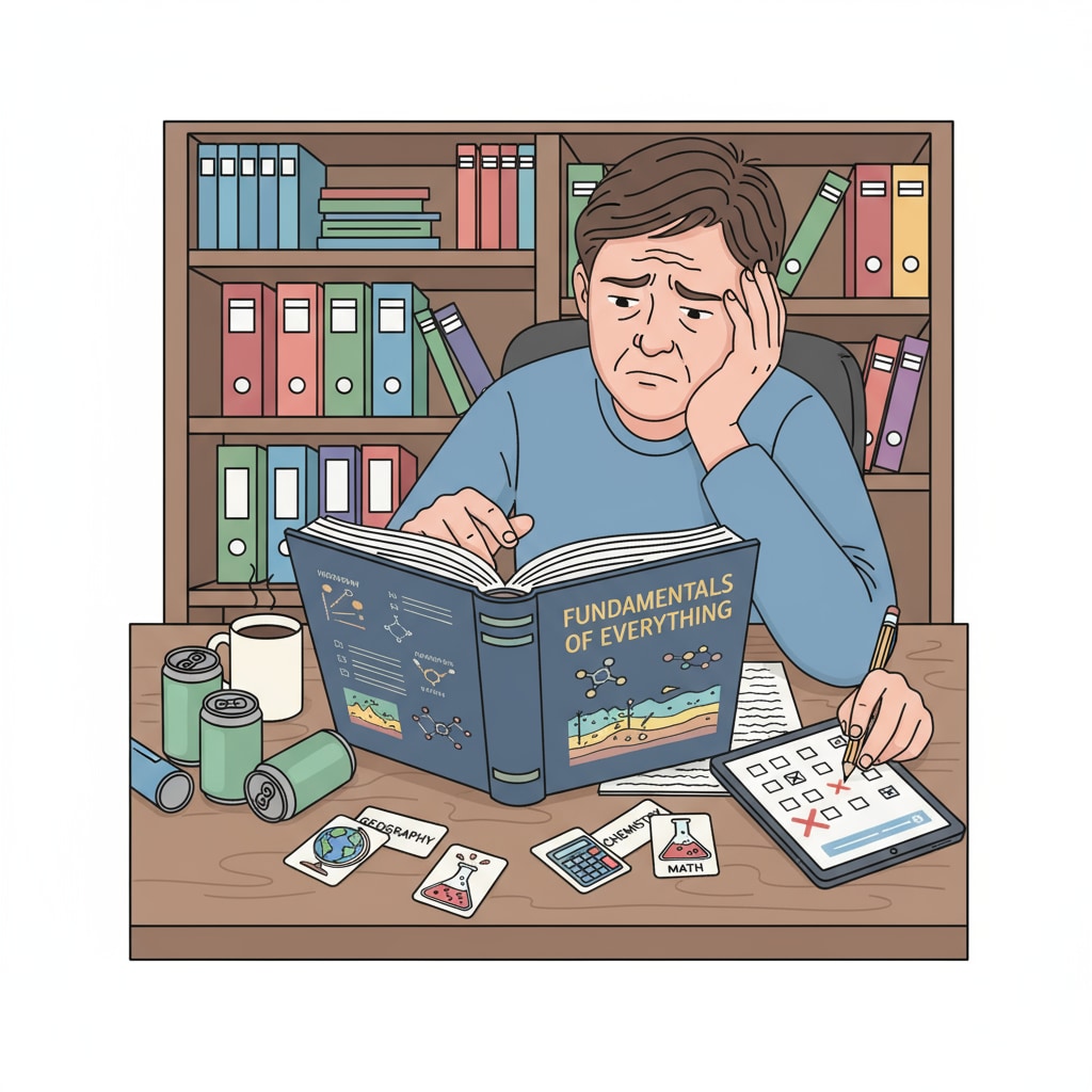 An adult sitting at a desk, looking a bit frustrated while trying to study basic knowledge materials An adult struggling with basic knowledge due to education gaps