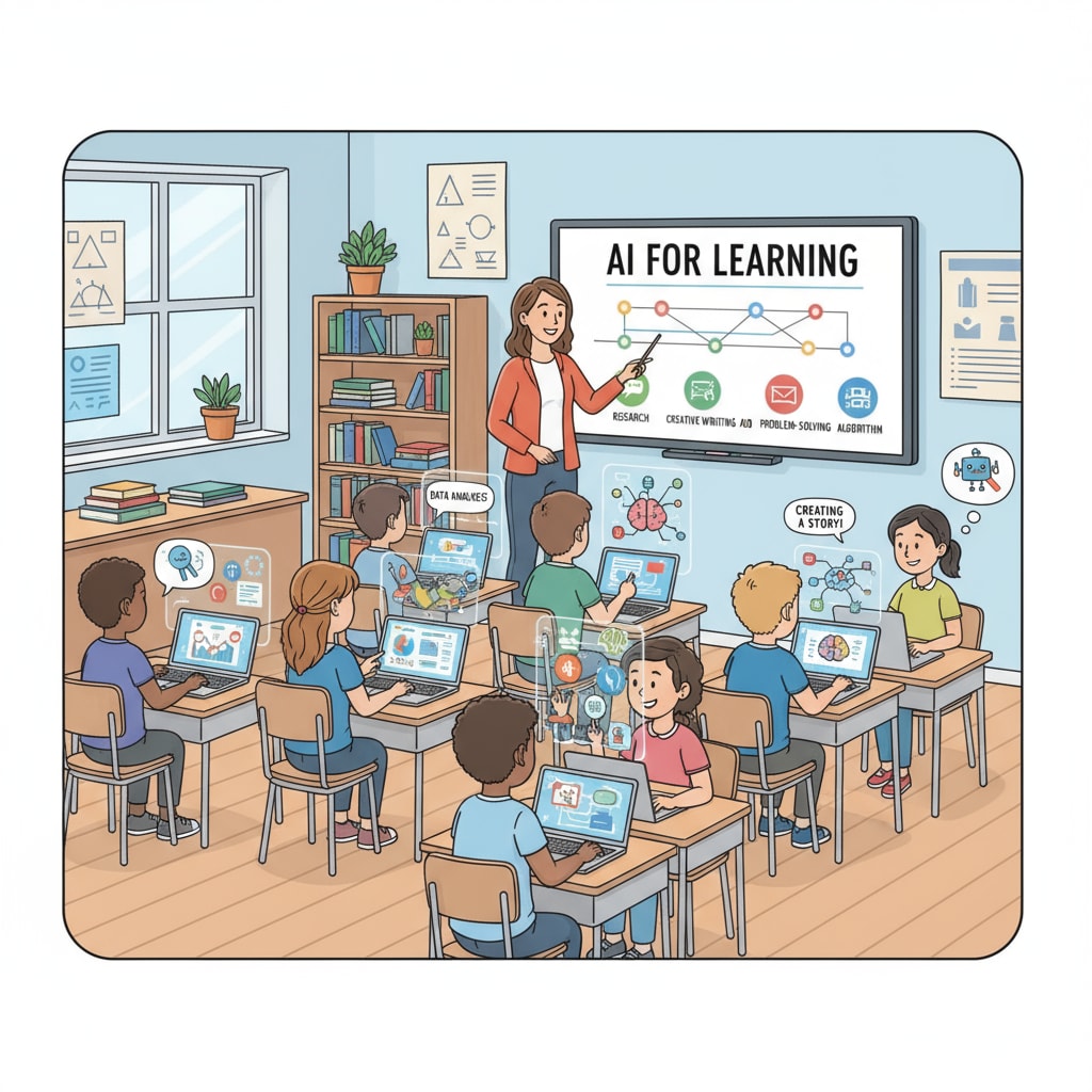 A classroom scene shows students using laptops to access AI tools, highlighting the integration of technology in education. Students using AI tools in a classroom for artificial intelligence education and critical thinking development