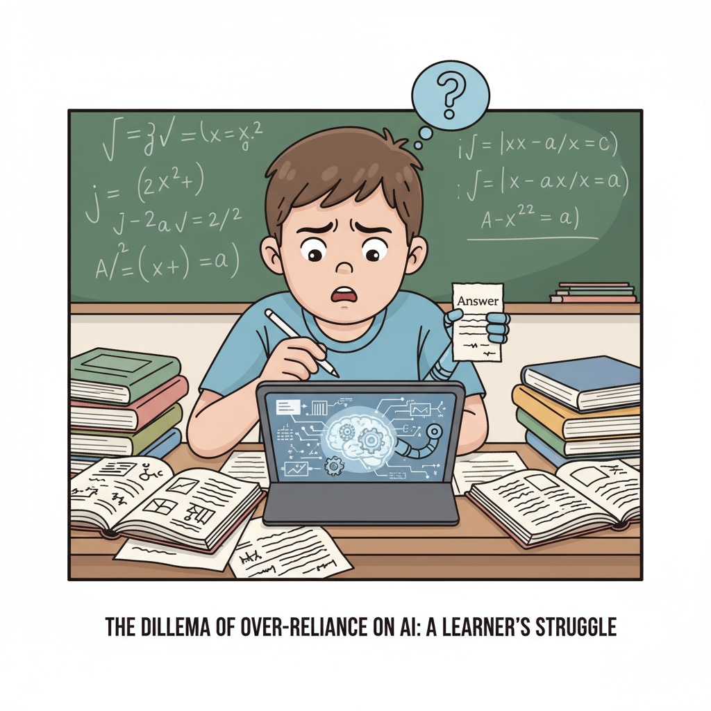 A student is sitting at a desk, looking confused while using an AI tool on a tablet, representing the potential challenges of over-reliance on AI. A student's confused expression while using an AI tool, related to artificial intelligence education, critical thinking, and learning methods