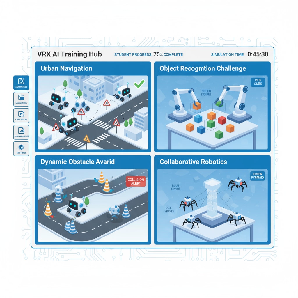 The interface of the VRX simulation environment shows various AI scenarios such as virtual robots moving in a simulated cityscape, which students can use to practice AI algorithms related to navigation and object recognition. VRX simulation environment interface for AI practice in student projects