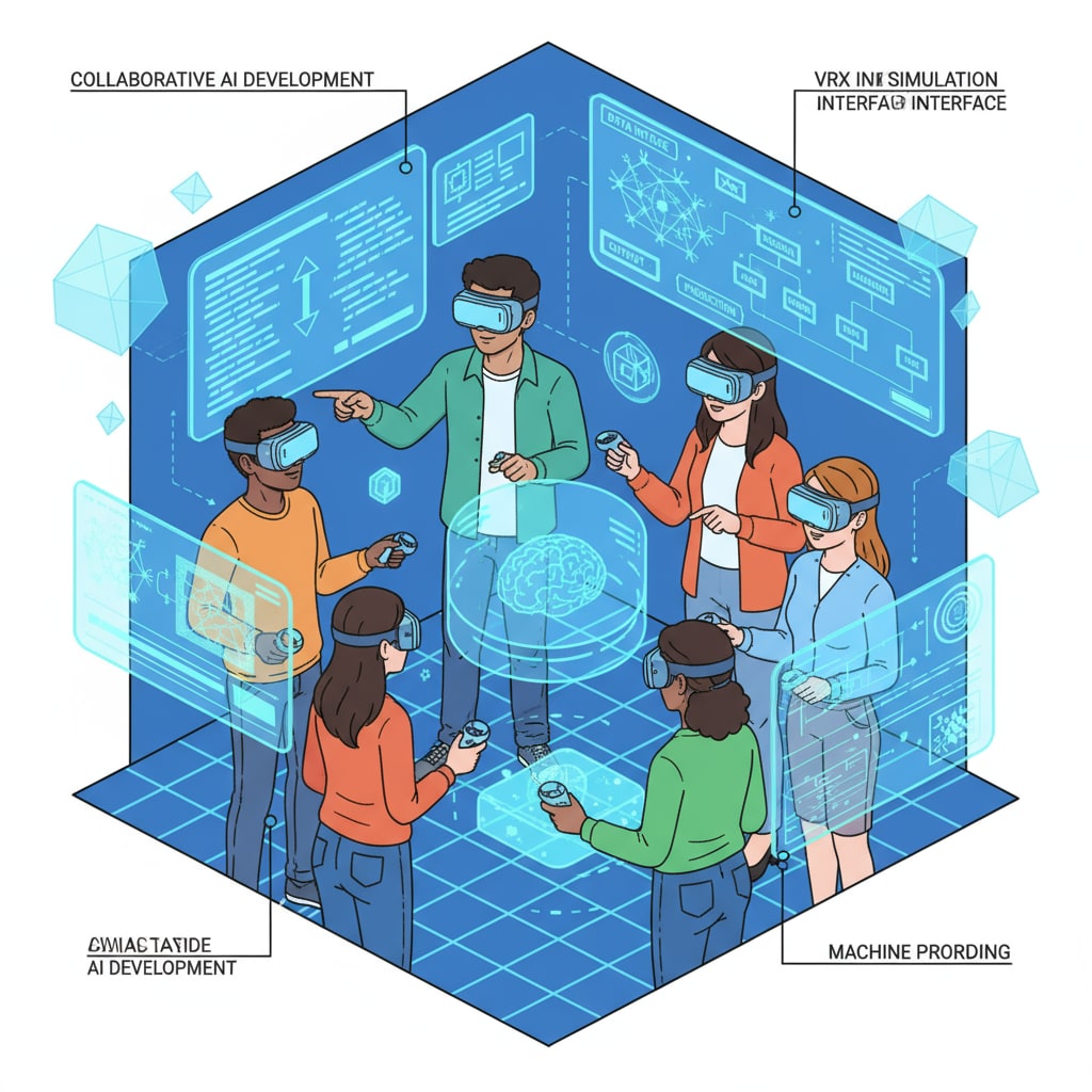 A group of students are collaborating on an AI project within the VRX simulation environment. They are gathered around virtual screens, discussing and making adjustments to an AI model they are building. Students collaborating on an AI project in the VRX simulation environment
