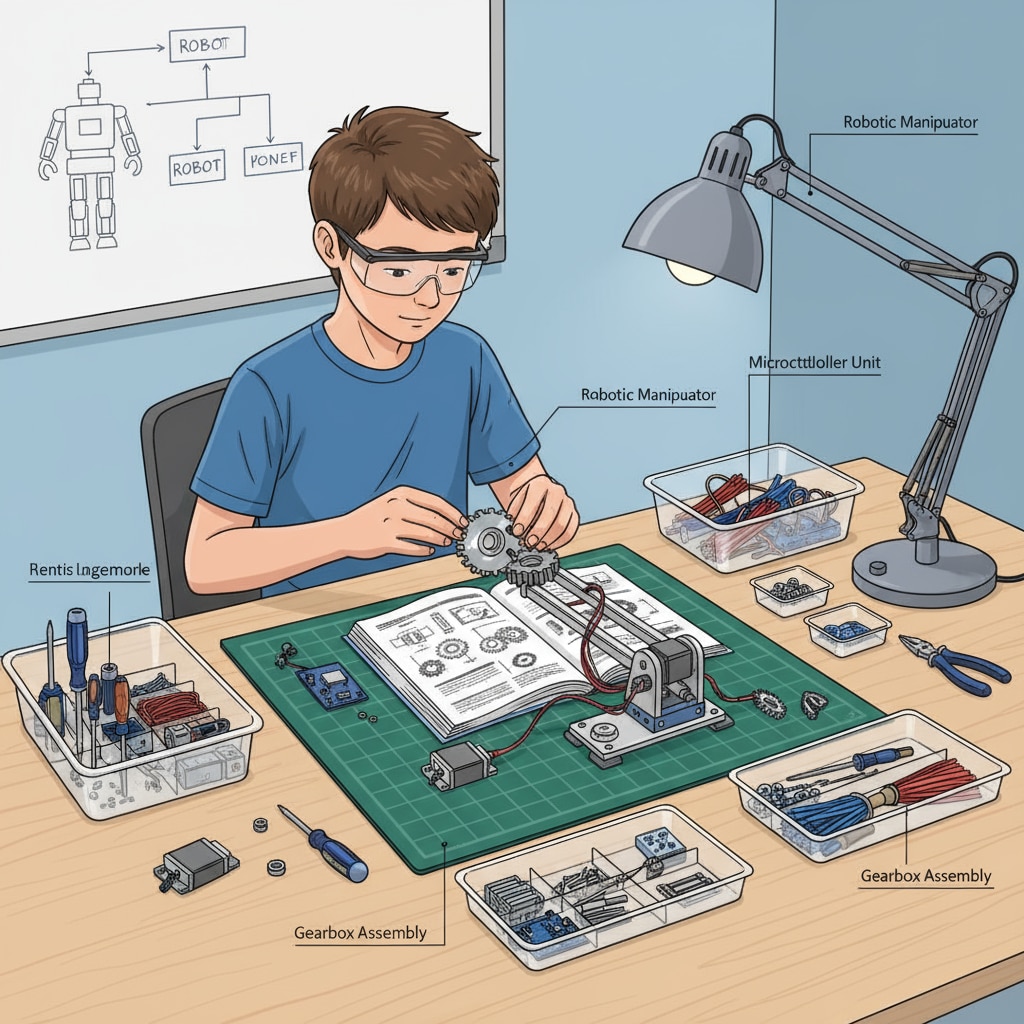 A single student is sitting at a table, carefully assembling the mechanical parts of a robot. There are tools and different components neatly arranged on the table. The student is concentrating on putting the parts together. Student assembling the mechanical parts of a robot in a project - based learning course
