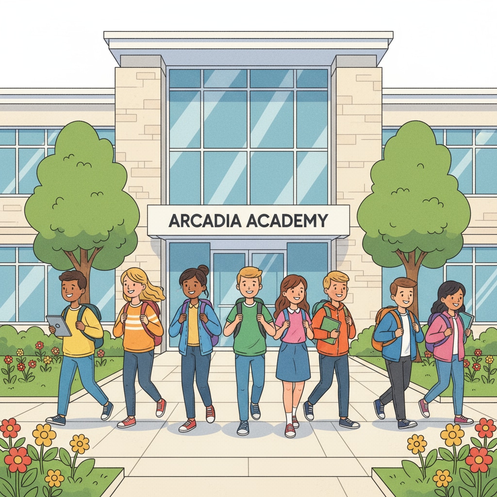 A group of students walking into a modern private school building, showing the entrance and the students' energetic appearance. Students entering a private school, highlighting school choice and educational opportunities.
