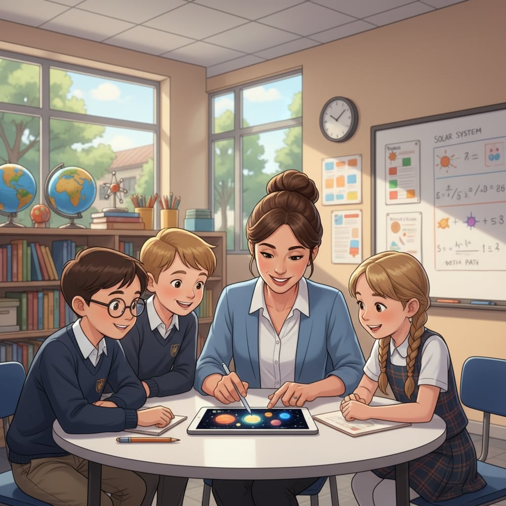 A teacher interacting with a small group of students in a private school classroom, demonstrating personalized attention. Teacher-student interaction in a private school, emphasizing educational advantages.