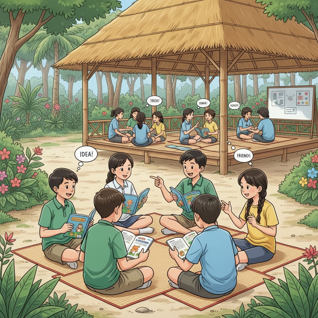 Students participating in an outdoor English activity at a Thai summer camp