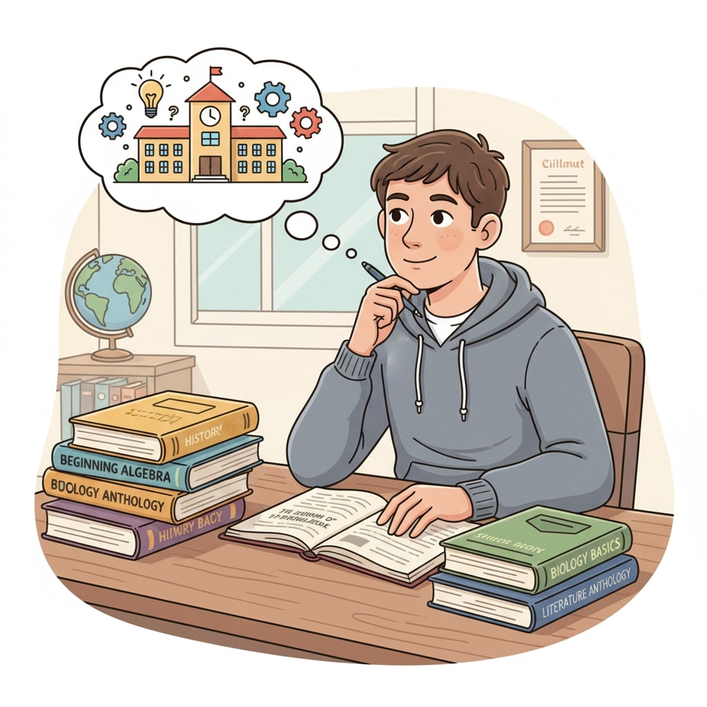 A young adult sitting at a desk, looking at textbooks, showing the scene of considering starting school education A young adult with age concerns and a self-study background considering starting school education