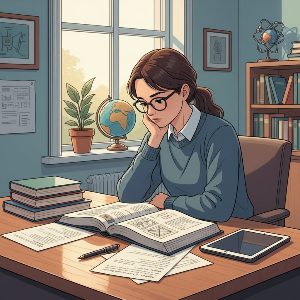 A solitary student is sitting at a desk, looking pensive, with a book open in front of them, presumably thinking about the knowledge from class. Student reflecting on class learning alone