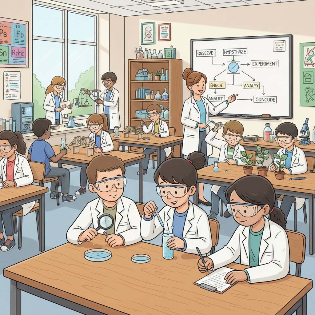 A classroom scene with students engaged in practical experiments, representing the influence of pragmatist educational thought Classroom scene with practical experiments reflecting the rise of pragmatist educational thought and its impact on classical education