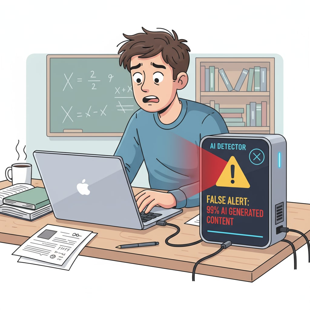 An illustration showing a student looking worried while an AI detector gives a false alert. The student is sitting at a desk with a laptop, and the detector is flashing a warning sign. A student worried about a false alarm from an AI detector in the context of academic integrity.