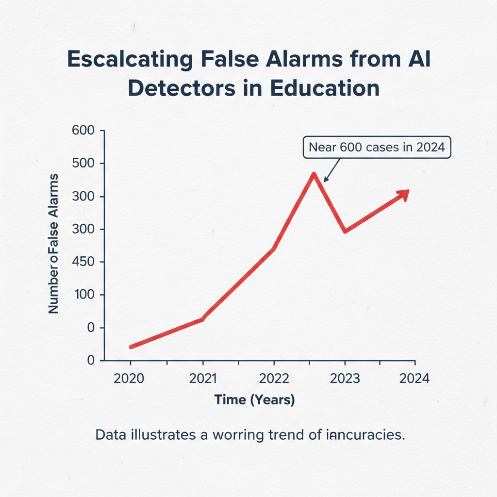 A graph depicting the increasing number of false alarms from AI detectors in educational institutions. The x-axis represents time, and the y-axis represents the number of false alarms. A graph showing the rise in false alarms from AI detectors related to academic integrity.