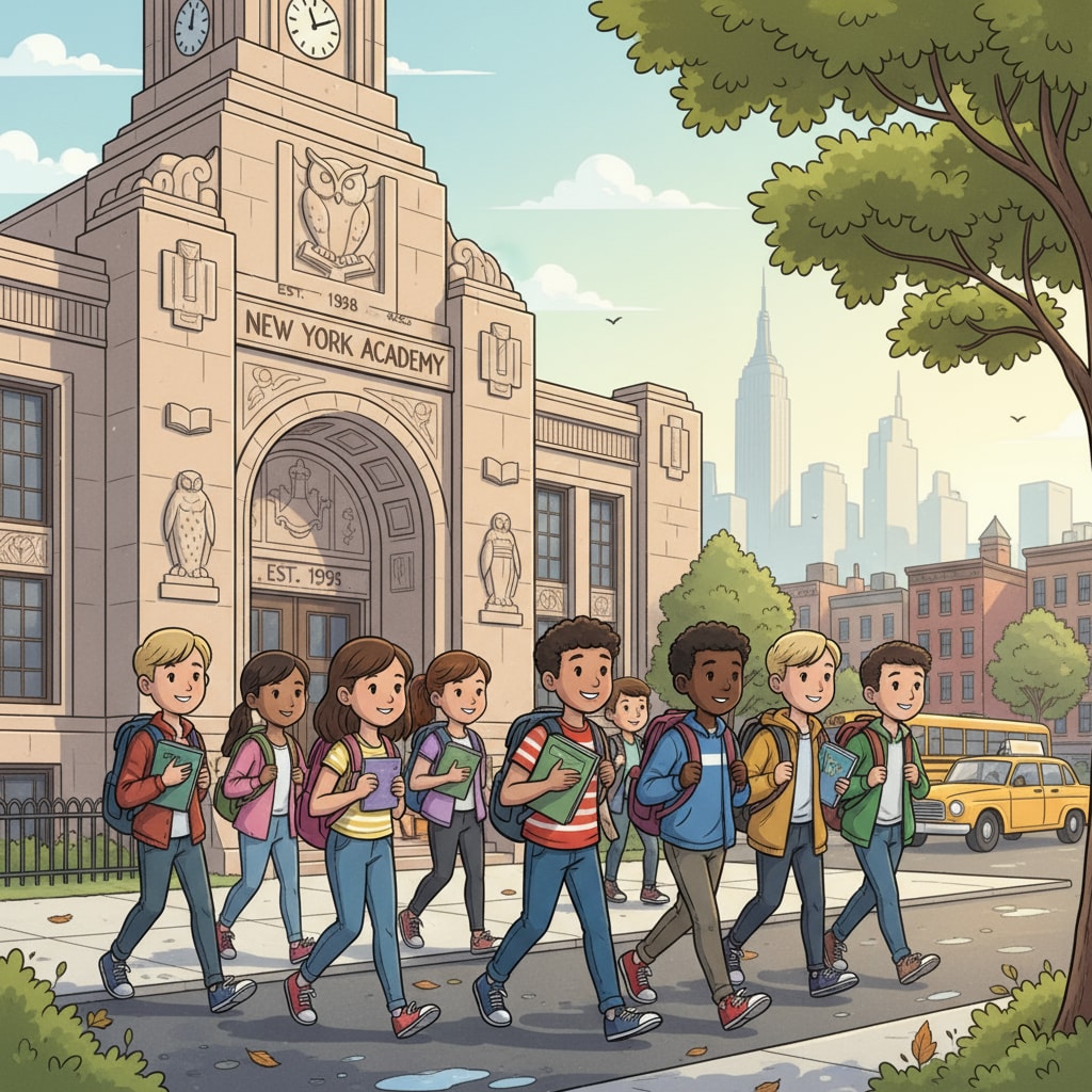 A group of students walking into a New York City school building, showing the start of a new day of learning in the city's educational institutions. Students entering a New York City school building in the context of Joel Klein, New York City schools, and mayoral elections