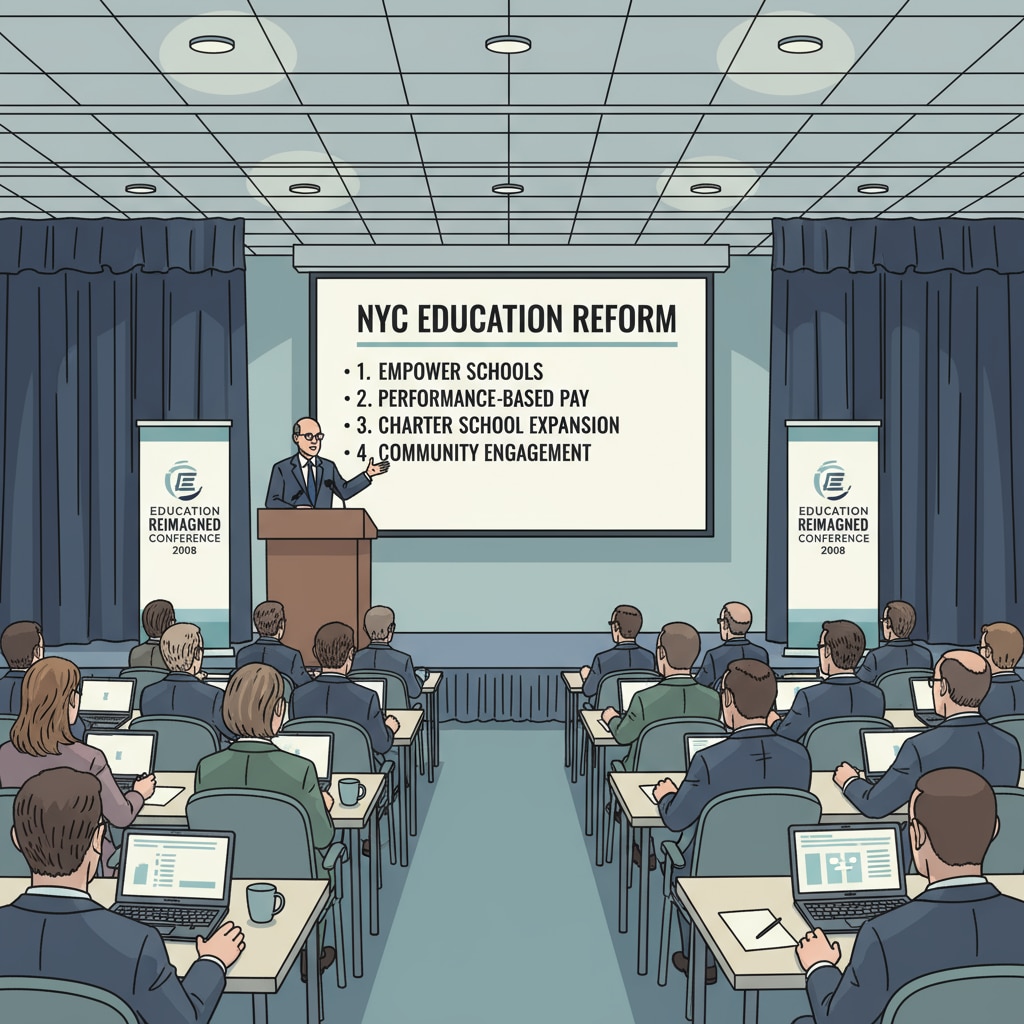 Joel Klein speaking at an education conference, sharing his thoughts and plans for education reform in New York City. Joel Klein presenting at an education conference relevant to New York City schools and mayoral elections