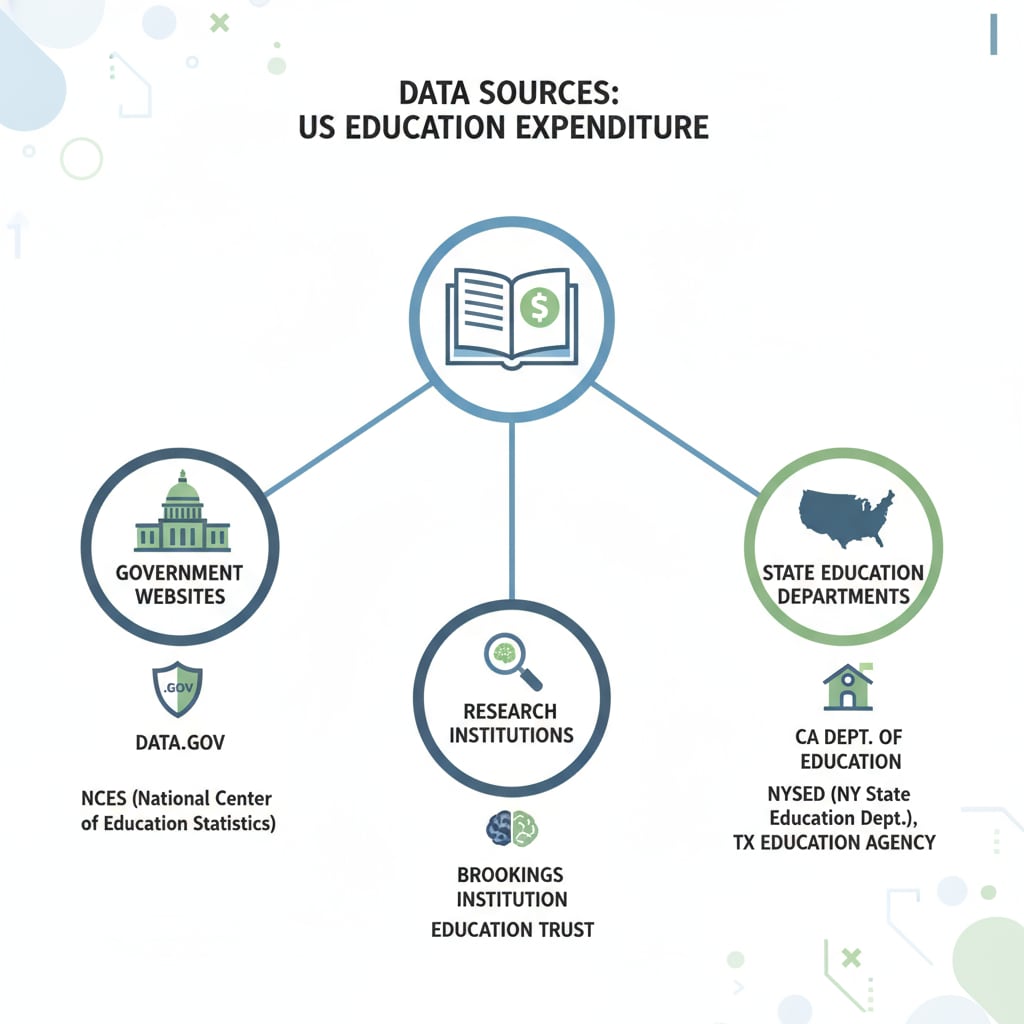 This illustration depicts different data sources such as government websites, research institutions, and state education departments related to US education expenditure. Illustration of data sources for US education expenditure relevant to education expenditure, data collection, and academic research