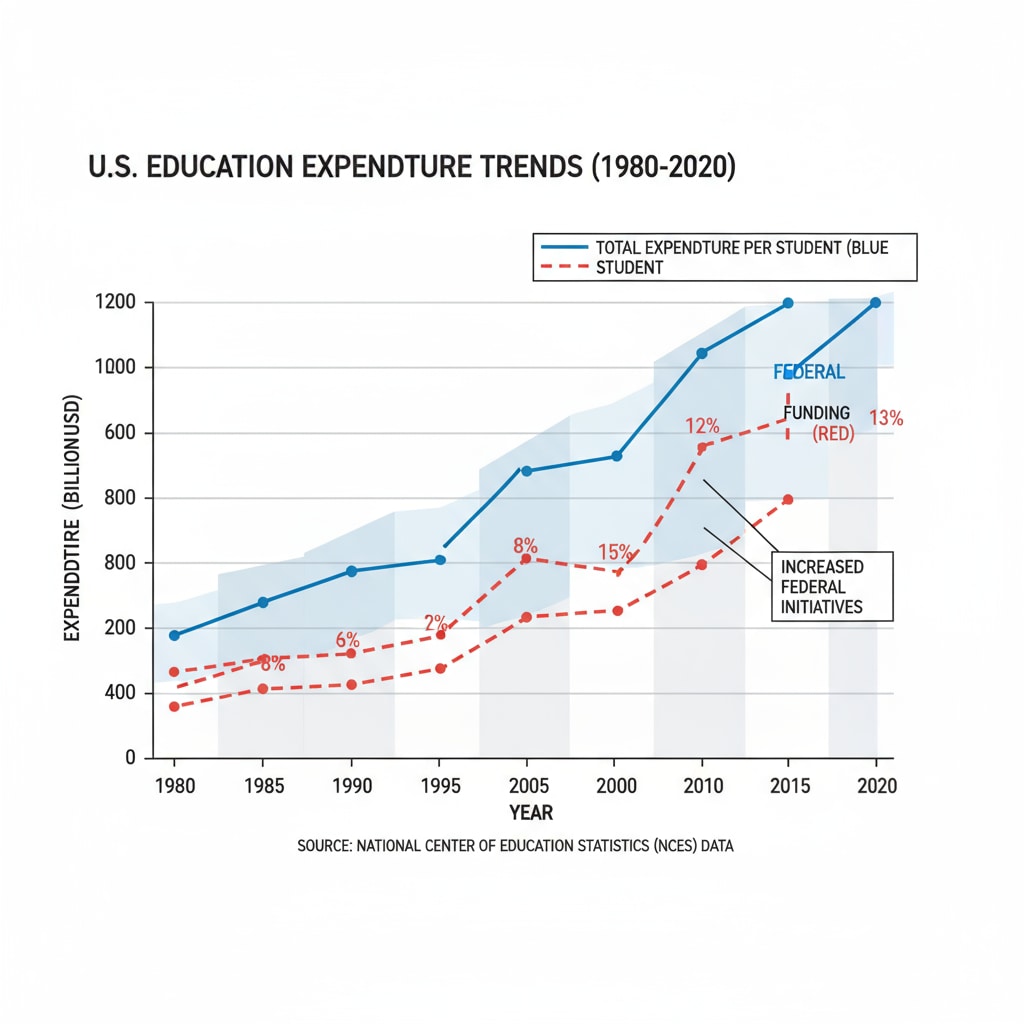 A graph showing the trends of education expenditure over the years based on data from NCES, highlighting the changes in funding levels. Graph of education expenditure trends for academic research on US education funding