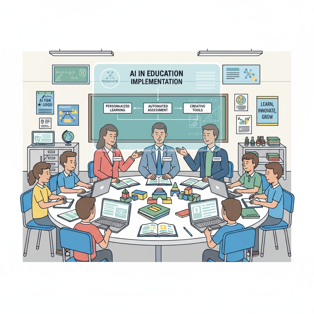 Representatives from tech companies are engaged in a discussion about how to implement AI in a K12 classroom setting, with laptops and educational materials on the table. Tech companies discussing AI implementation in K12 education