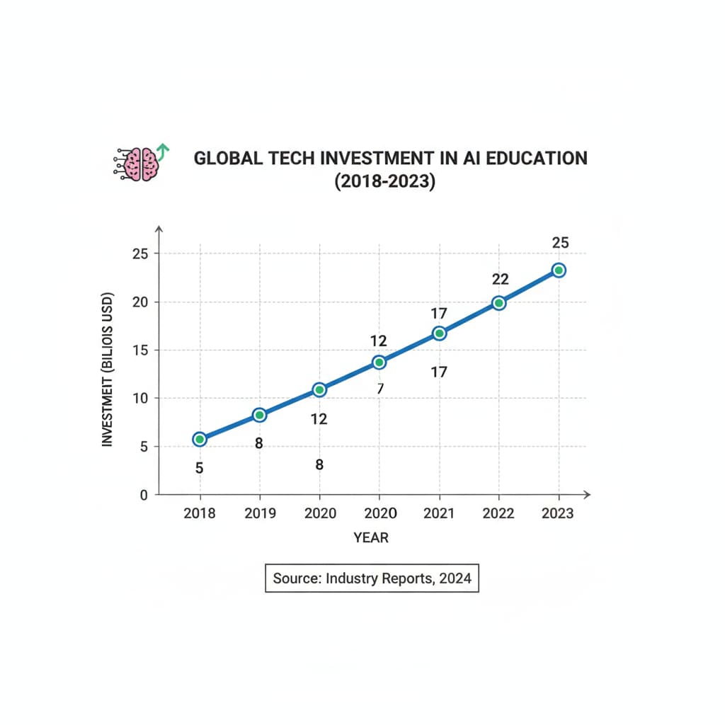 A graph displays the increasing investment of tech companies in AI education over the past few years, with the x-axis representing time and the y-axis showing the amount of investment. Graph of tech companies' investment in AI education