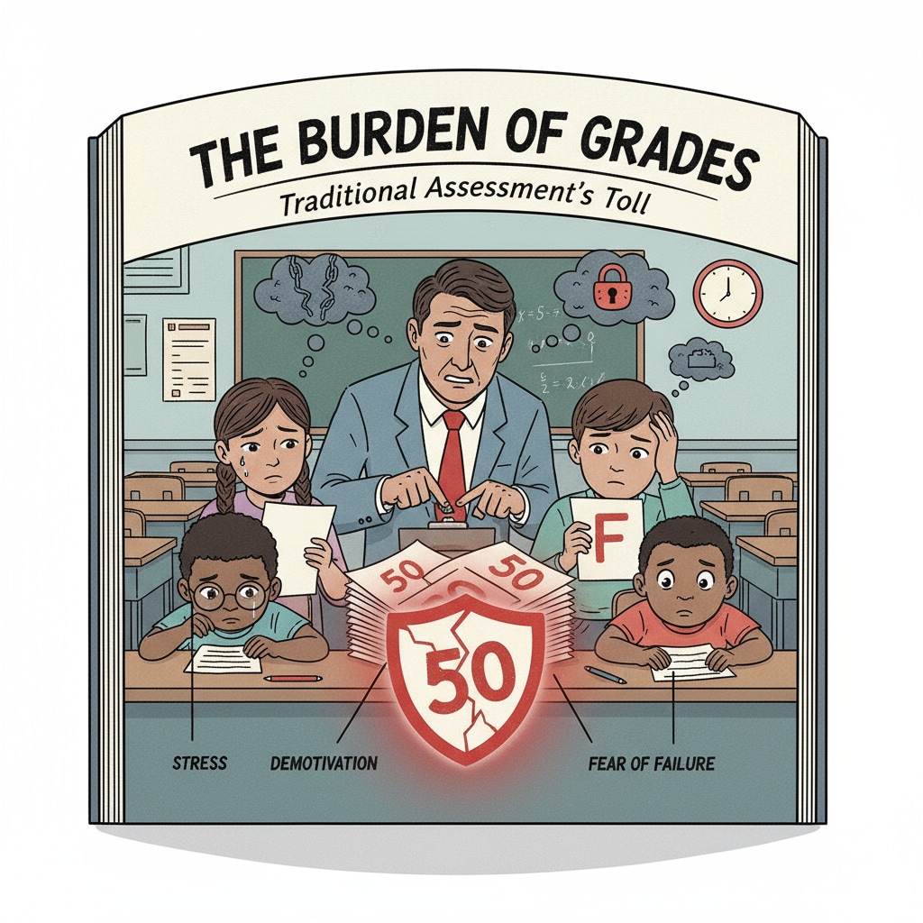 Students looking worried at their test scores, emphasizing the negative impact of traditional grade assessment on students. Students worried about test scores in relation to grade assessment, education quality, and educational innovation