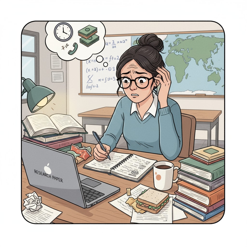 A stressed K12 freelance teacher under academic publishing pressure and unfair labor conditions.