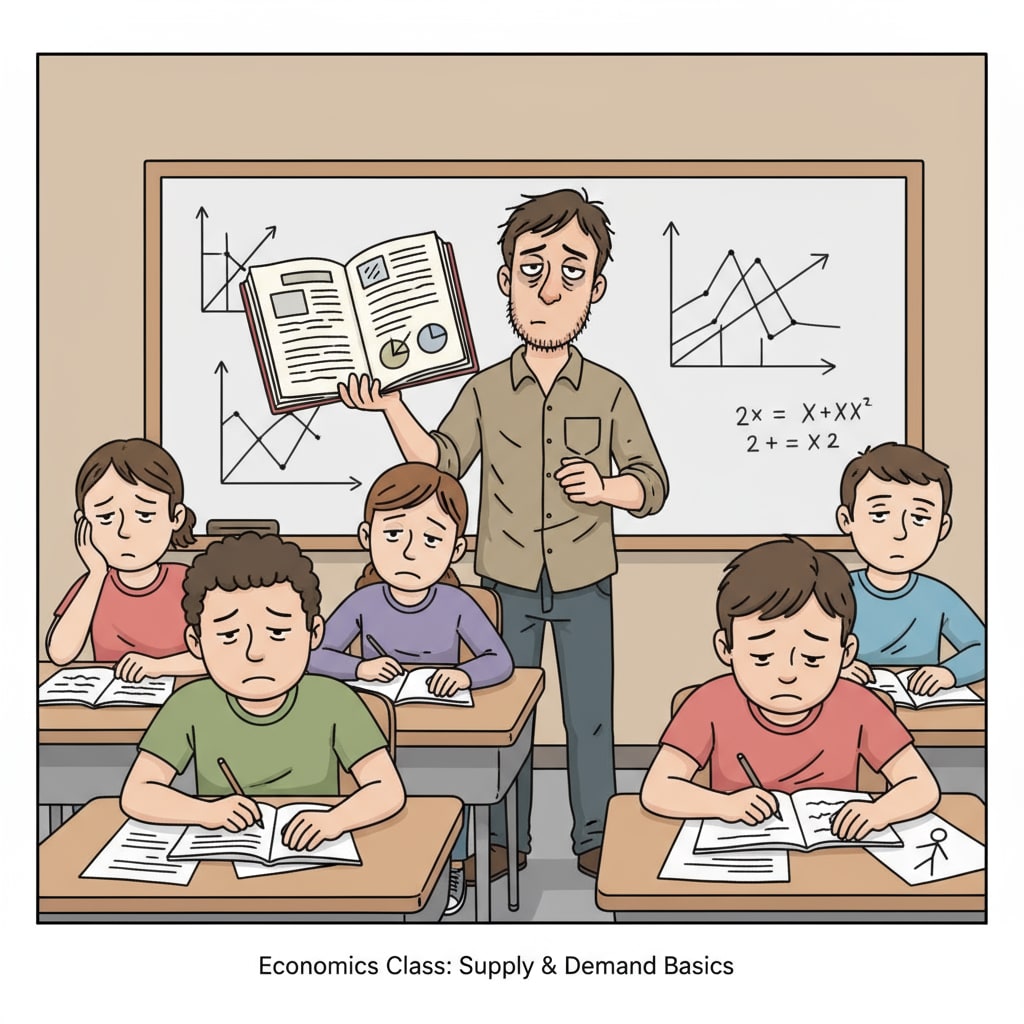 A classroom with bored students due to a tired freelance teacher affected by unfair labor conditions.