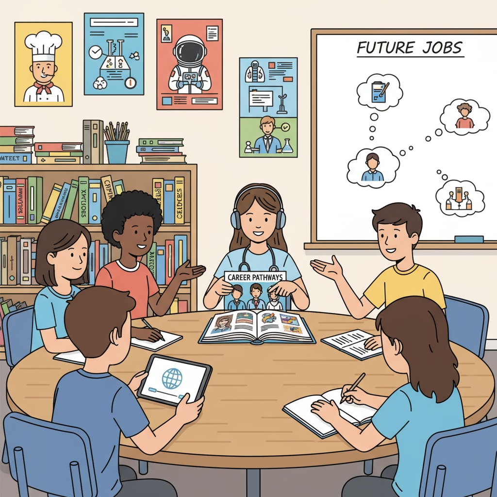 A group of students are engaged in a lively discussion about different career options in a classroom setting. There are books and posters about various professions on the walls. Students discussing career options in K12 education to overcome confusion and find high - salary and interesting careers