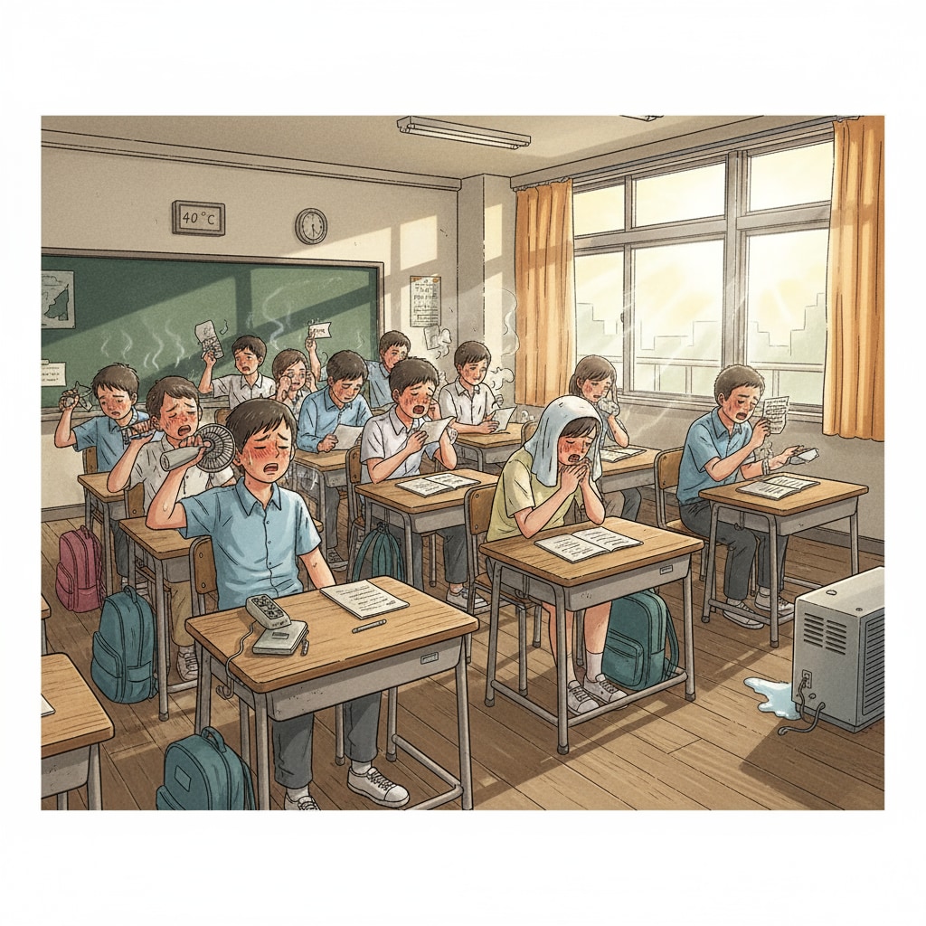 A classroom filled with students looking uncomfortable. The room is hot, and some students are fanning themselves. Students in a hot classroom in a marginalized community facing educational inequality due to extreme heat