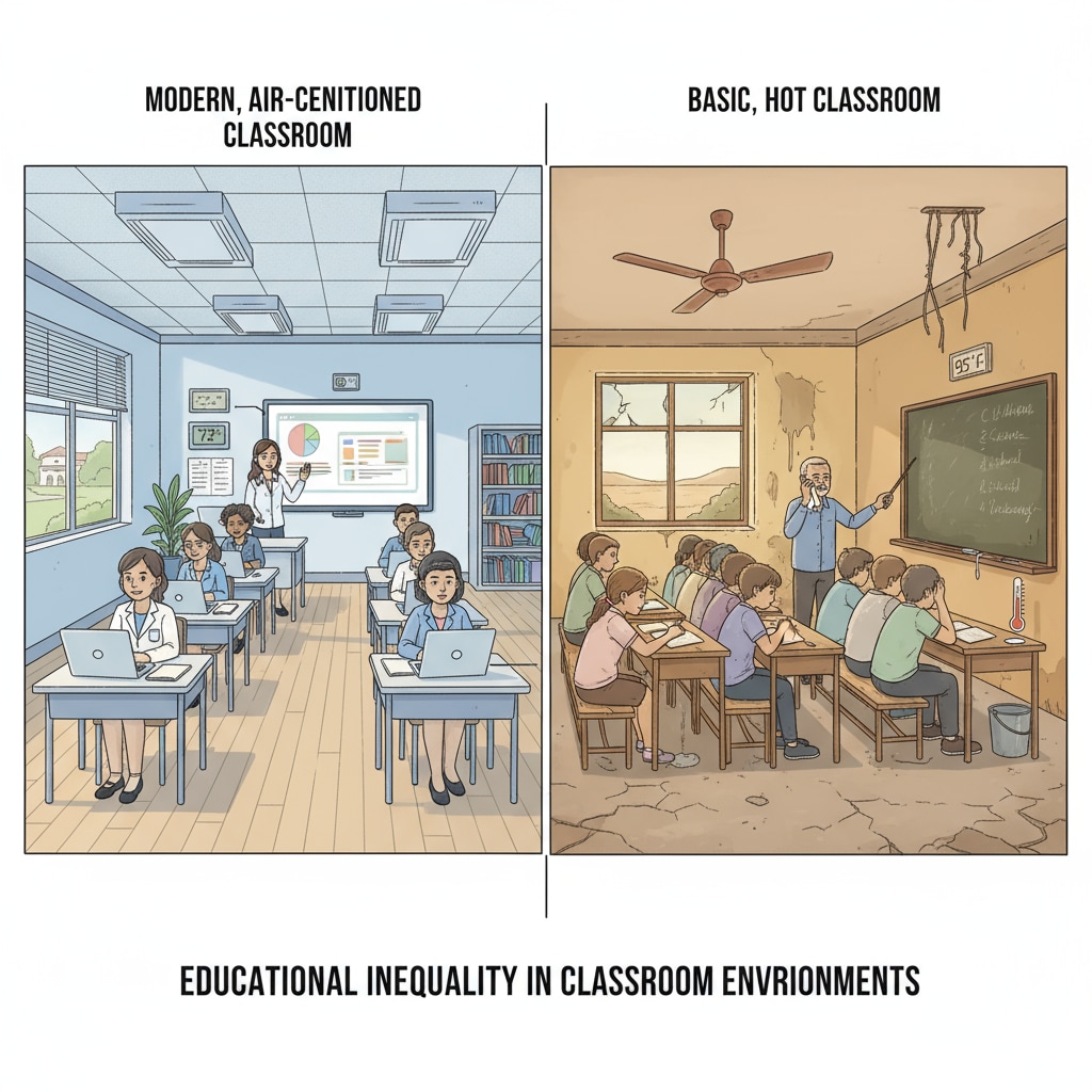 A side - by - side comparison of a modern, well - air - conditioned classroom in a wealthy area and a basic, hot classroom in a marginalized community. Comparison of classrooms in wealthy and marginalized areas showing the heat - related educational inequality