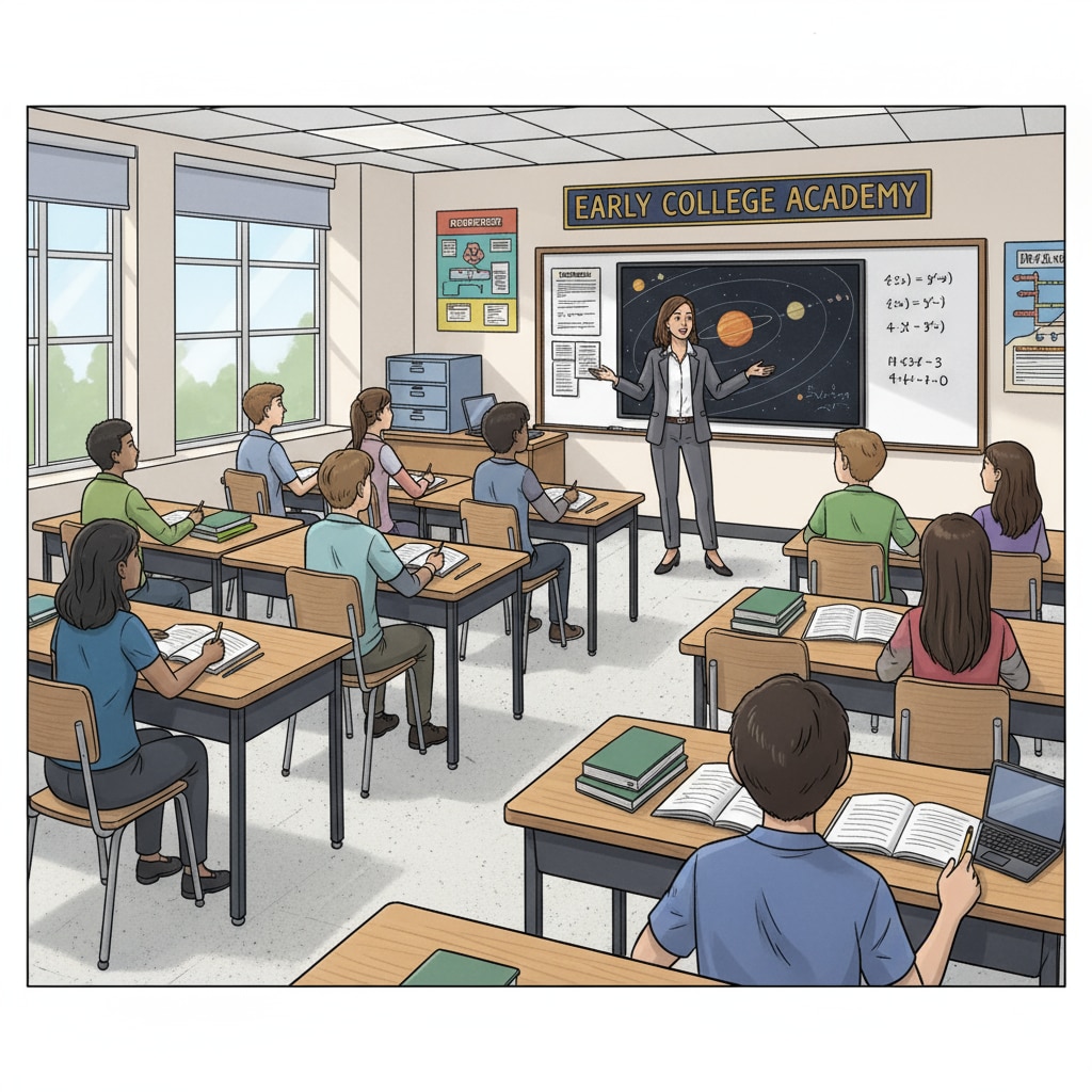 Students are attentively listening to the teacher in an early college high school class, with notebooks and textbooks on their desks. Students attending an early college high school class for jump to college preparation